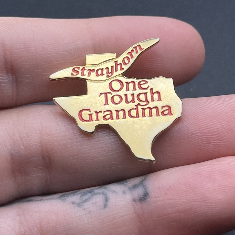 Strayhorn Texas One Tough Grandma Gold Tone State Outline Lapel Hat Pin